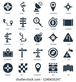 Elements Such As Map, Placeholder, Windrose, Parchment, Worldwide, Directional, Route, Radar, Route icon vector illustration on white background. Universal 25 icons set.