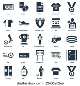 Elements Such As Medals, Tshirt, Referee, Pin, Lockers, Soccer player, Whistle, Scoreboard, Goal, Strategy, Cards icon vector illustration on white background. Universal 25 icons set.