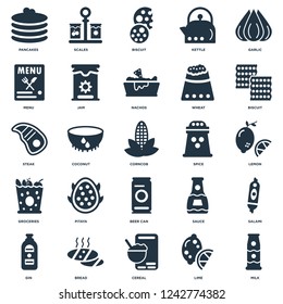 Elements Such As Milk, Lime, Cereal, Bread, Gin, Biscuit, Spice, Beer can, Groceries, Menu, Scales icon vector illustration on white background. Universal 25 icons set.