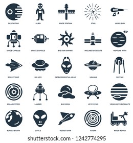 Elements Such As Moon rover, Sputnik, Neptune with Satellite, Alien, Planet earth, Space capsule, UFO Flying, Rocket ship icon vector illustration on white background. Universal 25 icons set.
