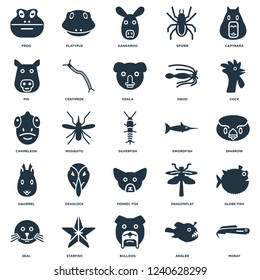 Elements Such As Moray, Angler, Bulldog, Starfish, Seal, Cock, Swordfish, Fennec Fox, Squirrel, Pig, Kangaroo, Platypus icon vector illustration on white background. Universal 25 icons set.