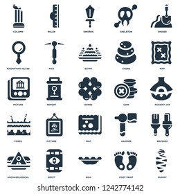 Elements Such As Mummy, Foot print, Dish, Egypt, Archaeological, Map, Coin, Fossil, Magnifying glass, Swords, Ruler icon vector illustration on white background. Universal 25 icons set.