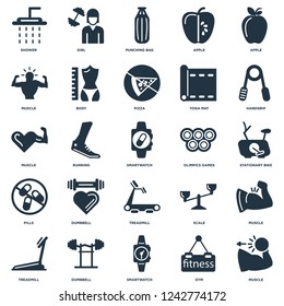 Elements Such As Muscle, Stationary bike, Handgrip, Girl, Treadmill, Body, Scale, Muscle icon vector illustration on white background. Universal 25 icons set.