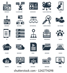 Elements Such As Music, Browser, Monitor, Profits, Sha folder, Worldwide, Video, Folder, Newspaper, Placeholder icon vector illustration on white background. Universal 25 icons set.