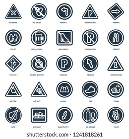 Elements Such As Music, No drinks, Electricity, One way, Mute, Traffic, Family, fire, Toilet, drugs icon vector illustration on white background. Universal 25 icons set.
