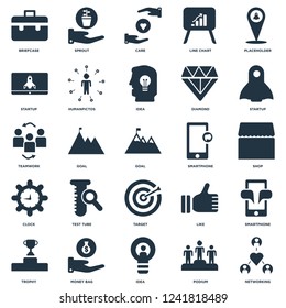 Elements Such As Networking, Podium, Idea, Money bag, Trophy, Startup, Smartphone, Target, Clock, Care, Sprout icon vector illustration on white background. Universal 25 icons set.