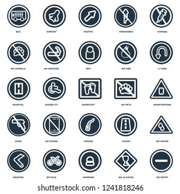Elements Such As No entry, alcohol, Warning, Bicycle, Weapon, U turn, pets, Fishing, Guns, animals, Traffic, Airport icon vector illustration on white background. Universal 25 icons set.
