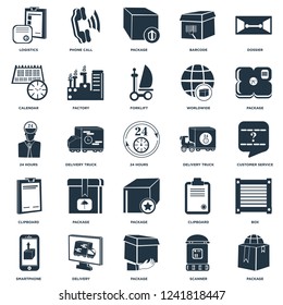 Elements Such As Package, Customer service, Phone call, Smartphone, Factory, Clipboard, 24 hours icon vector illustration on white background. Universal 25 icons set.