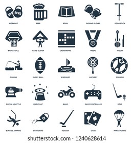 Elements Such As Parachuting, Zorbing, Violin, Beer, Bungee jumping, Hang glider, Game controller, Fishing icon vector illustration on white background. Universal 25 icons set.