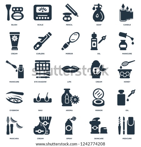Elements Such As Pedicure, Skincare, Spray, Cream, Mascara, Manicure, Aroma, Eyebrow, Pencil, Scale icon vector illustration on white background. Universal 25 icons set.