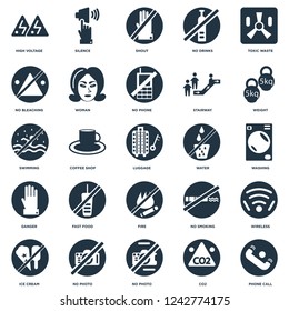 Elements Such As Phone call, CO2, No photo, Ice cream, Weight, Water, Fire, Danger, bleaching, Shout, Silence icon vector illustration on white background. Universal 25 icons set.