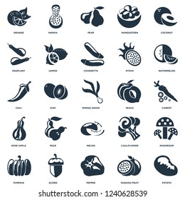 Elements Such As Potato, Passion fruit, Pepper, Acorn, Pumpkin, Watermelon, Peach, Melon, Rose apple, Eggplant, Pear, Papaya icon vector illustration on white background. Universal 25 icons set.