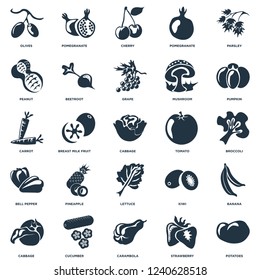 Elements Such As Potatoes, Broccoli, Pumpkin, Pomegranate, Cabbage, Beetroot, Kiwi, Carrot icon vector illustration on white background. Universal 25 icons set.