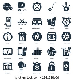 Elements Such As Power, Locked, Smart home, Light, Window, Alarm, Switch, Heating, Voice control, key, Thermostat, Plug icon vector illustration on white background. Universal 25 icons set.