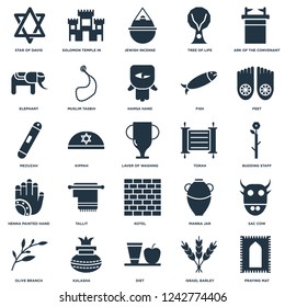 Elements Such As Praying Mat, Budding Staff, Feet, Solomon Temple In Jerusalem, Olive Branch, Muslim Tasbih, Manna Jar, Mezuzah icon vector illustration on white background. Universal 25 icons set.