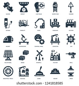 Elements Such As Press, Cpu, Factory, Weight, Industrial tread, Forklift, Helmet icon vector illustration on white background. Universal 25 icons set.