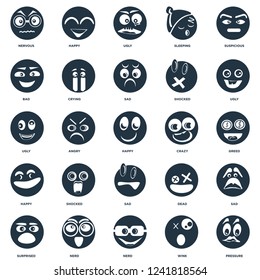 Elements Such As Pressure, Wink, Nerd, Surprised, Ugly, Crazy, Sad, Happy, Bad, Happy icon vector illustration on white background. Universal 25 icons set.