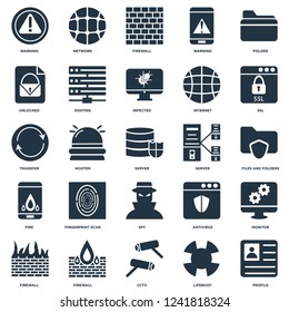 Elements Such As Profile, Lifebuoy, Cctv, Firewall, Ssl, Server, Spy, Fire, Unlocked, Network icon vector illustration on white background. Universal 25 icons set.