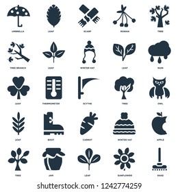 Elements Such As Rake, Sunflower, Leaf, Jam, Tree, Rain, Carrot, Tree branch, Scarf, Leaf icon vector illustration on white background. Universal 25 icons set.