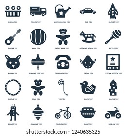 Elements Such As Ride on toy, Etch a sketch Rattle Truck Robot Ball Duck Bunny toy icon vector illustration white background. Universal 25 icons set.