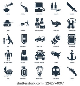 Elements Such As Rifle, Notebook, Binoculars, Pistol, Ship, Cannon, Bomb, Gun icon vector illustration on white background. Universal 25 icons set.