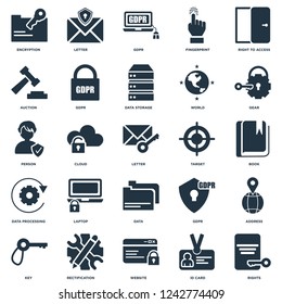 Elements Such As Rights, Id card, Website, Rectification, Key, Gear, Target, Data, Data processing, Auction, GDPR, Letter icon vector illustration on white background. Universal 25 icons set.