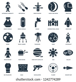 Elements Such As Rocket ship, Astronaut, Space Meteorites, Big Telescope, capsule, Sun, Moon icon vector illustration on white background. Universal 25 icons set.