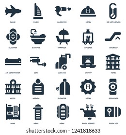 Elements Such As Room key, service, Menu, Bunk, Stairway, Laptop, Elevator, Hotel, Hairdryer, Dubai icon vector illustration on white background. Universal 25 icons set.