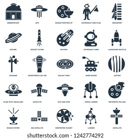 Elements Such As Satellite, Jupiter, Launching Shuttle, UFO, Radar System, Rocket Flying, Space Lander, Voyager icon vector illustration on white background. Universal 25 icons set.