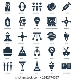 Elements Such As Science book, Idea, Flask, Filter, Formula, Molecule, Vortex, Pulley, Convex, Thermometer, Blood test, Molecules icon vector illustration on white background. Universal 25 icons set.