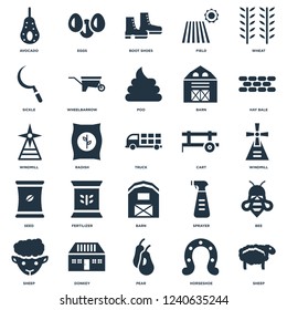 Elements Such As Sheep, Horseshoe, Pear, Donkey, Hay bale, Cart, Barn, Seed, Sickle, Boot shoes, Eggs icon vector illustration on white background. Universal 25 icons set.