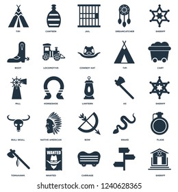 Elements Such As Sheriff, , Carriage, Wanted, Tomahawk, Cart, Ax, Bow, Bull skull, Boot, Jail, Canteen icon vector illustration on white background. Universal 25 icons set.