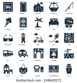 Elements Such As Ship, Online booking, Station, Bag, Cabin, Ticket, Kite, Landmark, Bus, Icecream, Landscape, Airport icon vector illustration on white background. Universal 25 icons set.