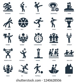 Elements Such As Shirt, Canoe, Football, Ski, Torch, Chalice, Winners, Winner, Weightlifter, High Jump, Karate, Baseball icon vector illustration on white background. Universal 25 icons set.