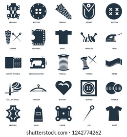 Elements Such As Shirt, Pin, Frame, Glue, Leather, Iron, Thread, Button, Ball of wool, Button icon vector illustration on white background. Universal 25 icons set.