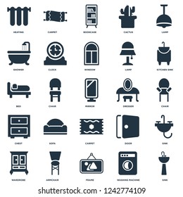 Elements Such As Sink, Washing machine, Frame, Armchair, Wardrobe, Kitchen sink, Dresser, Carpet, Chest, Shower, Bookcase, Carpet icon vector illustration on white background. Universal 25 icons set.