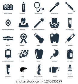 Elements Such As Skeleton, Syringe, Blood sample, Ointment, Implants, Stomach, Braces icon vector illustration on white background. Universal 25 icons set.