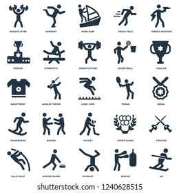 Elements Such As Ski, Boxing, Gymnast, Winter Games, Pole vault, Chalice, Tennis, Hockey, Snowboard, Podium, Wind Surf, Gymnast icon vector illustration on white background. Universal 25 icons set.