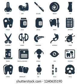 Elements Such As Skull, Pills, Fat, Premolar, Caries, Notepad, Stomach, Uterus, Drugs, Molar, Scalpel, Arm icon vector illustration on white background. Universal 25 icons set.