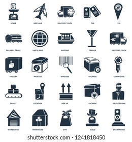 Elements Such As Smartphone, Certificate, Delivery truck, Airplane, Warehouse, Earth grid, Package, Trolley icon vector illustration on white background. Universal 25 icons set.