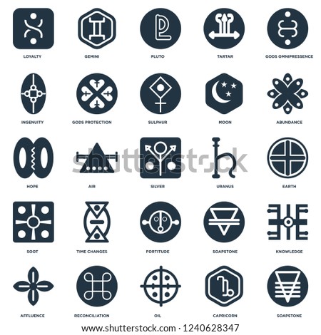 Elements Such As Soapstone, Earth, Abundance, Gemini, Affluence, Gods protection, Hope icon vector illustration on white background. Universal 25 icons set.
