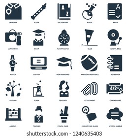 Elements Such As Speech bubble, Notebook, School bell, Flute, Abacus, Exam, Attachment, Watch icon vector illustration on white background. Universal 25 icons set.