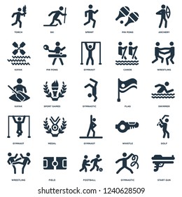 Elements Such As Start Gun, Gymnastic, Football, Field, Wrestling, Flag, Gymnast, Kayak, Sprint, Ski icon vector illustration on white background. Universal 25 icons set.