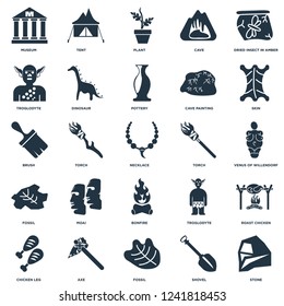 Elements Such As Stone, Shovel, Fossil, Axe, Chicken leg, Skin, Torch, Bonfire, Troglodyte, Plant, Tent icon vector illustration on white background. Universal 25 icons set.
