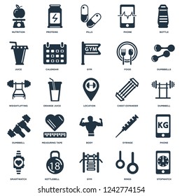 Elements Such As Stopwatch, Rings, Gym, Kettlebell, Smartwatch, Dumbbells, Chest expander, Body, Dumbbell, Juice, Pills, Proteins icon vector illustration on white background. Universal 25 icons set.