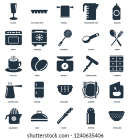 Elements Such As Strainer, Pepper, Knife, Dish, Squeezer, Fork, Corkscrew, Coffee pot, Oven, Towel, Ice cube tray icon vector illustration on white background. Universal 25 icons set.