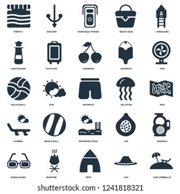 Elements Such As Sun umbrella, Map, Fan, Anchor, Sunglasses, Suitcase, Fig, Volleyball icon vector illustration on white background. Universal 25 icons set.