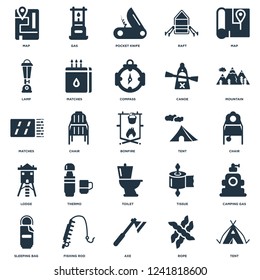 Elements Such As Tent, Rope, Axe, Fishing rod, Sleeping bag, Mountain, Toilet, Lodge, Lamp, Pocket knife, Gas icon vector illustration on white background. Universal 25 icons set.