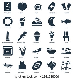 Elements Such As Terrace, Seashell, Disc golf, Sleeveless, Airplane, Fish, Ice cream, Seagull, Browser, Rubber ring, Helm, Peach icon vector illustration on white background. Universal 25 icons set.