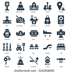 Elements Such As Towel, Hotel, No smoking, Bell, Room key, Passport, Bed, Beds, Cutlery, Building, Service icon vector illustration on white background. Universal 25 icons set.